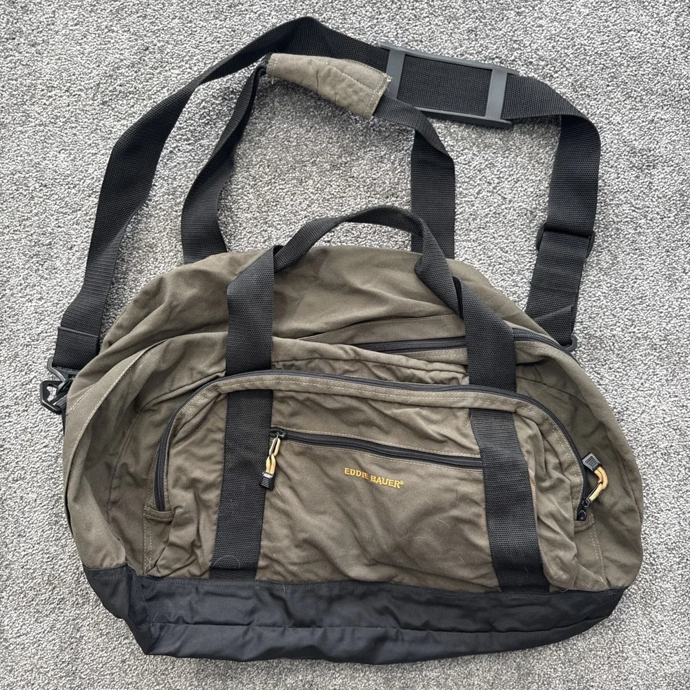 Vtg Eddie Bauer Canvas Khaki Duffel Bag 90s Carry On Weekender Travel Green Gym